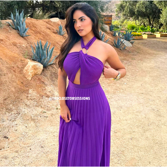 ZARA Purple Halter Pleated Midi Dress NWT Gold Buckle Cutout, Size L, XL - Picture 8 of 16